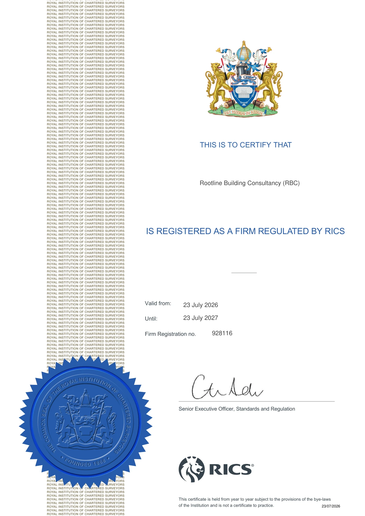 RICS firm registration certificate for Rootline Building Consultancy (RBC)